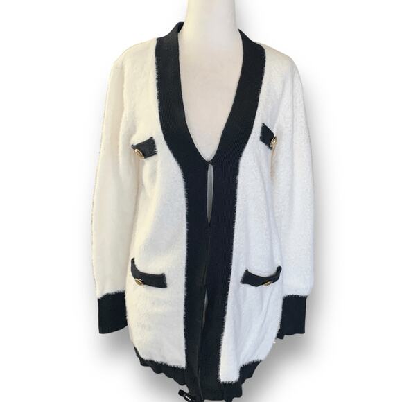 Boston Proper White Black Gold Button Colorblock V Neck Cardigan XS Fuzzy Plush - Picture 2 of 12
